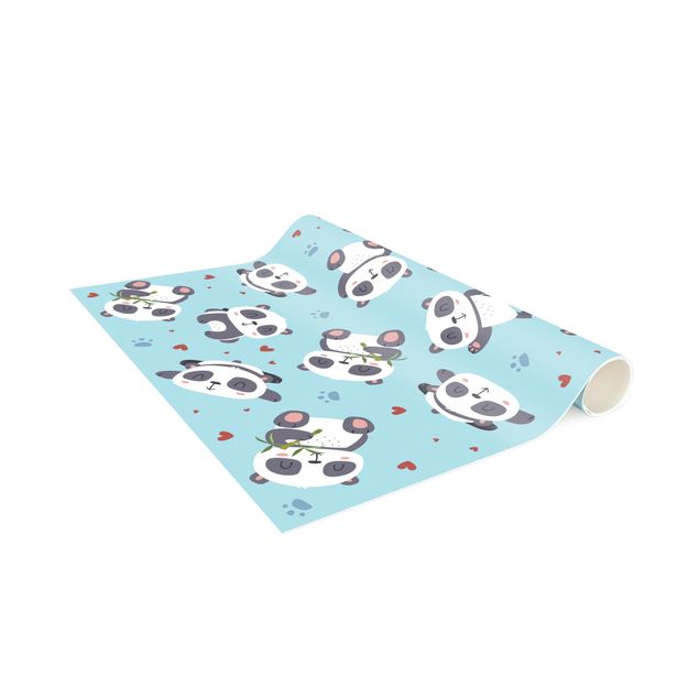Runner rugs Cute Panda With Paw Prints And Hearts Pastel Blue