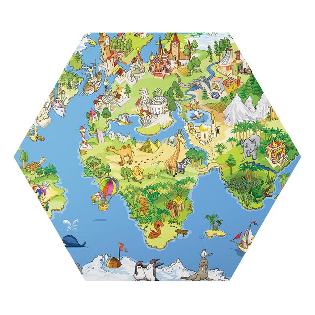 Alu-Dibond hexagon - Great and Funny Worldmap