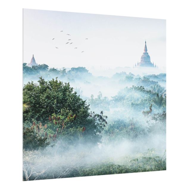 Glass splashbacks Morning Fog Over The Jungle Of Bagan