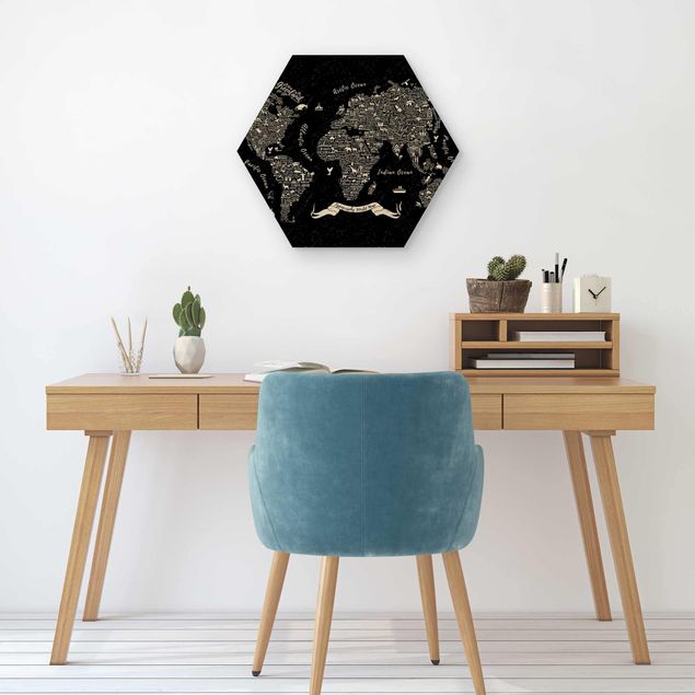 Wooden hexagon - Typography World Map Black
