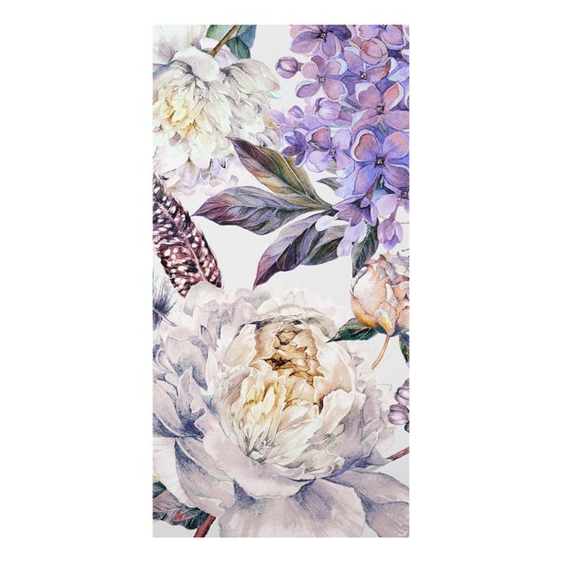 Print on aluminium - Delicate Watercolour Boho Flowers And Feathers Pattern