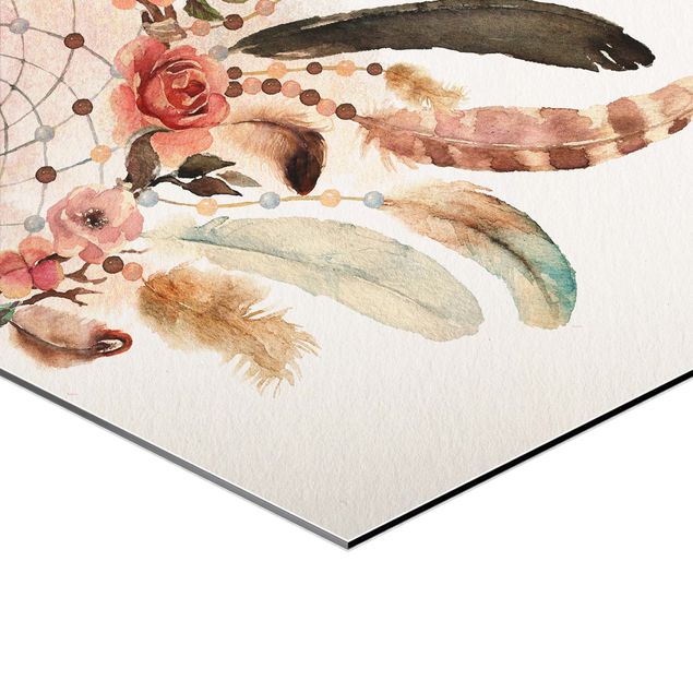 Alu-Dibond hexagon - Watercolour Dream Catcher With Feathers