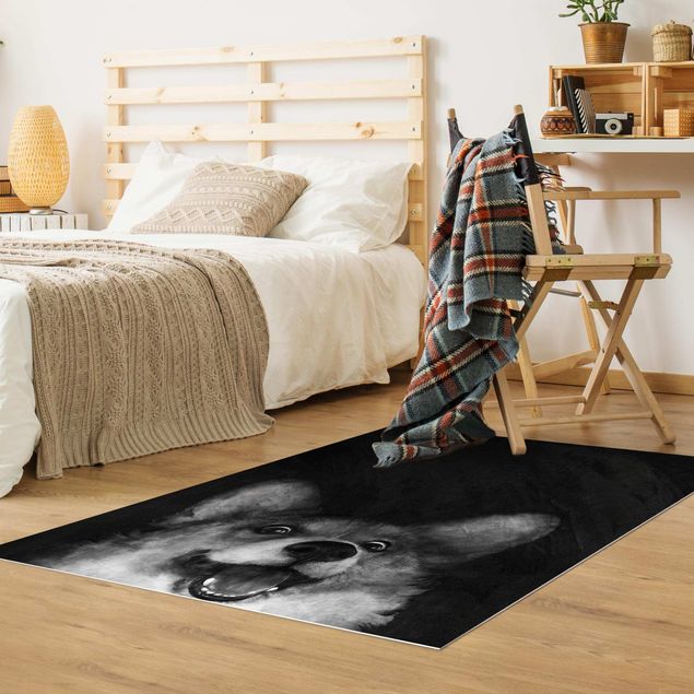 contemporary rugs Illustration Dog Corgi Paintig Black And White