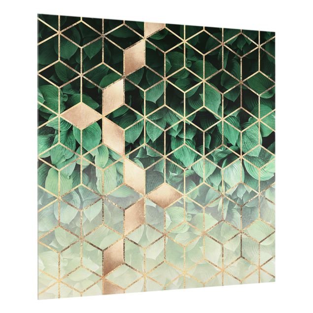 Glass splashback abstract Green Leaves Golden Geometry