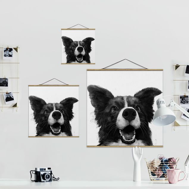 Fabric print with poster hangers - Illustration Dog Border Collie Black And White Painting
