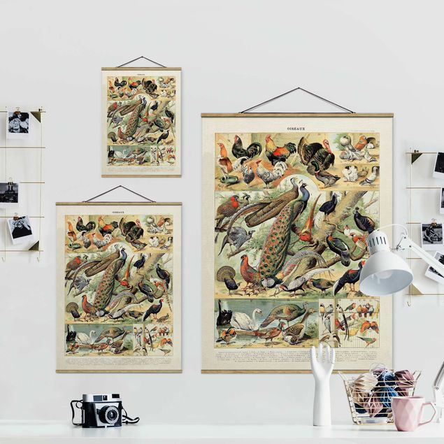 Fabric print with poster hangers - Vintage Board European Birds
