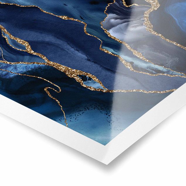 Poster - Golden Glitter Waves Blue Backdrop