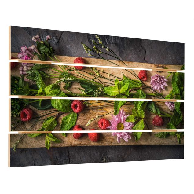 Print on wood - Flowers Raspberries Mint