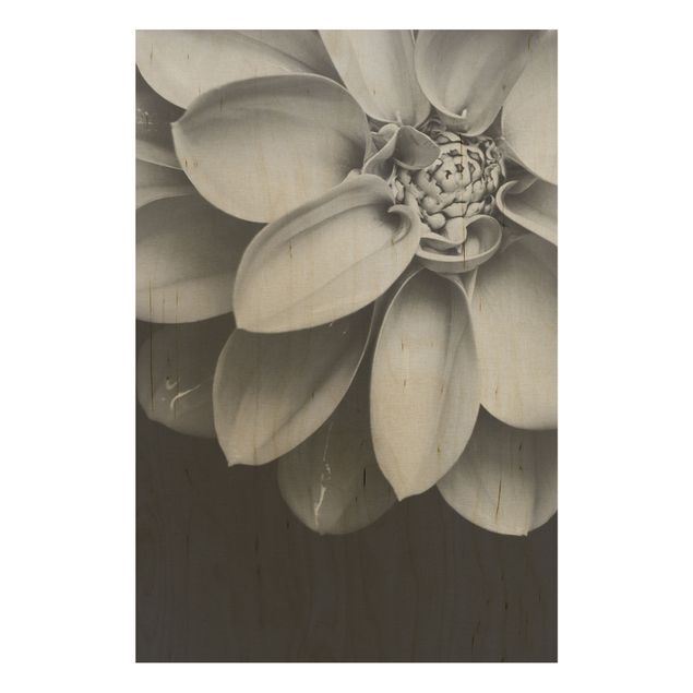 Print on wood - In The Heart Of A Dahlia Black And White