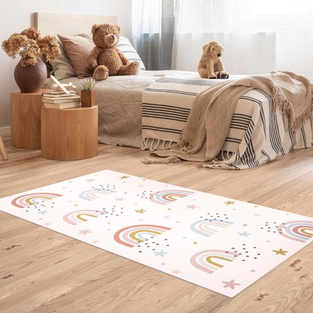 kitchen runner rugs Rainbow World With Stars And Dots