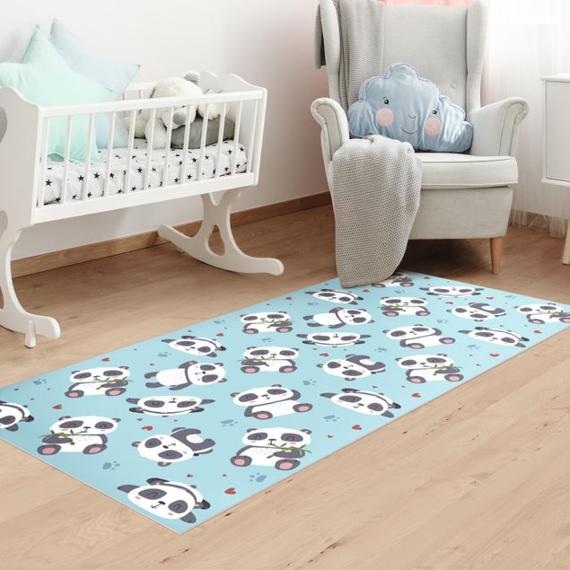 Bamboo pattern rug Cute Panda With Paw Prints And Hearts Pastel Blue