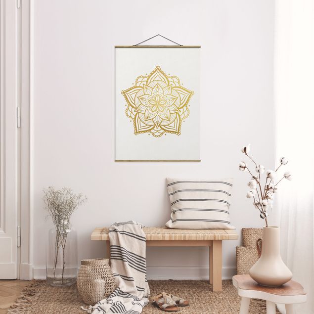 Fabric print with poster hangers - Mandala Flower Illustration White Gold