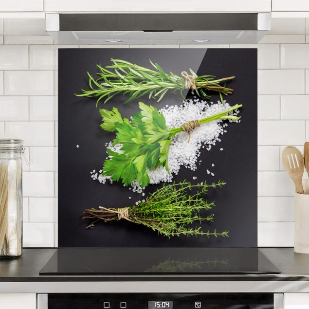 Glass splashback art print Herbs On Salt Black Backdrop