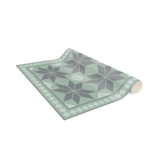 Tile rug Geometrical Tiles Star Flower Mint Green Shade With Narrow Border