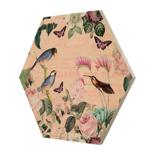 Hexagon Picture Wood - Vintage Collage - Roses And Birds