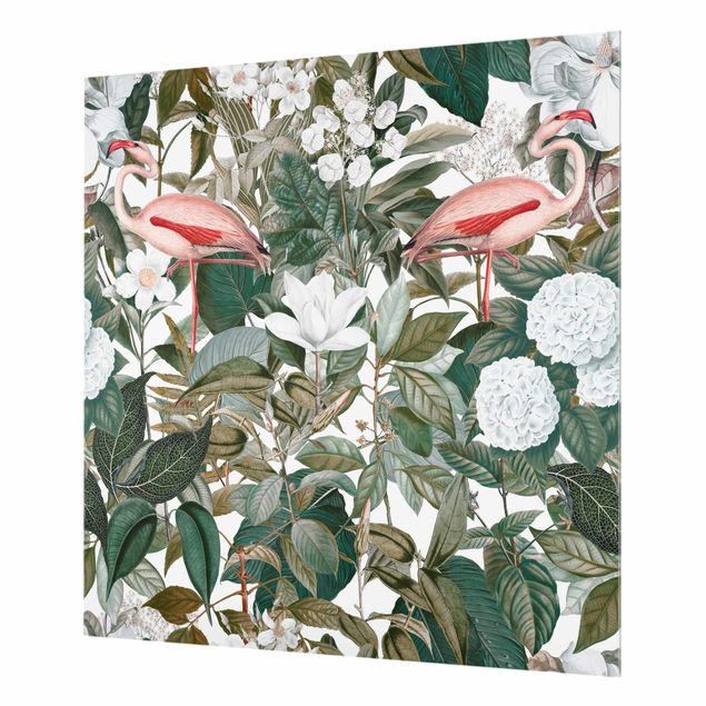 Glass splashback kitchen Pink Flamingos With Leaves And White Flowers