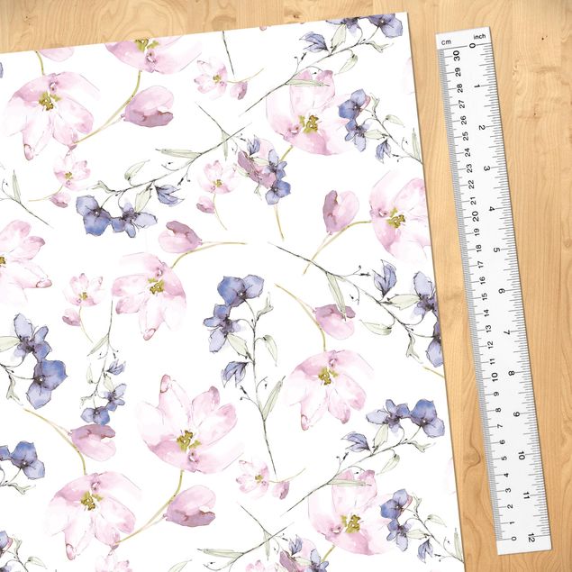 Adhesive film for furniture - Very Bright Watercolour Floral Pattern Rose Blue-Violet