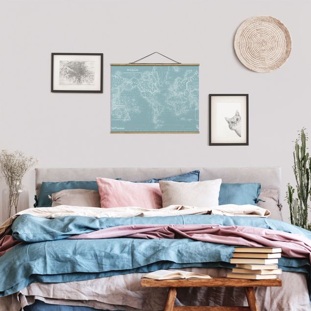 Fabric print with poster hangers - World Map In Ice Blue