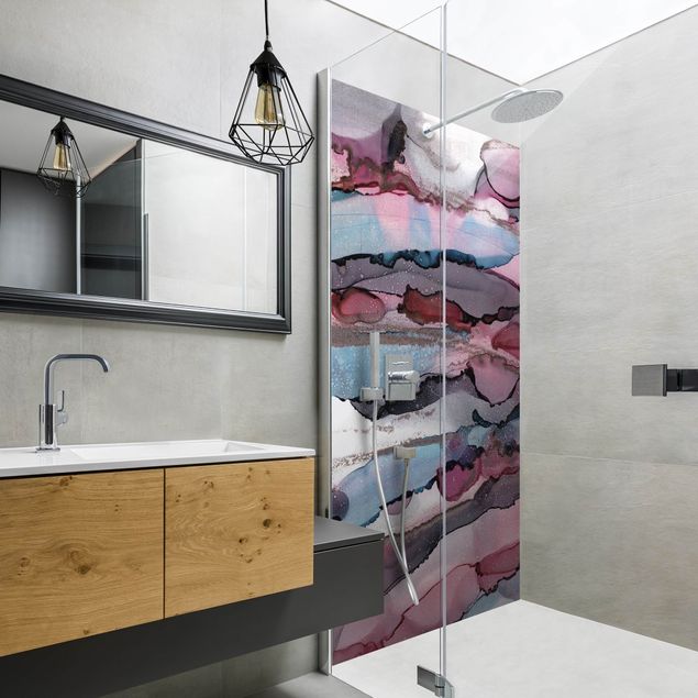 Shower wall panels Surfing Waves In Purple With Pink Gold