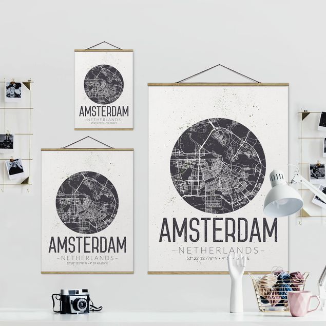 Fabric print with poster hangers - Amsterdam City Map - Retro