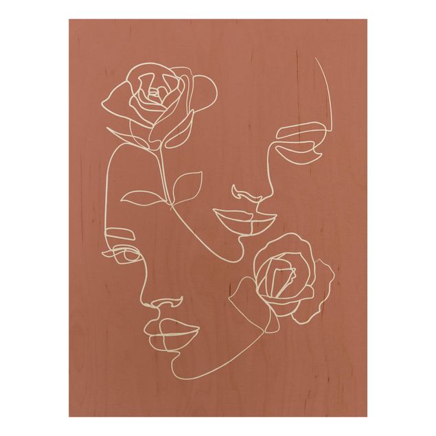 Print on wood - Line Art Faces Women Roses Copper