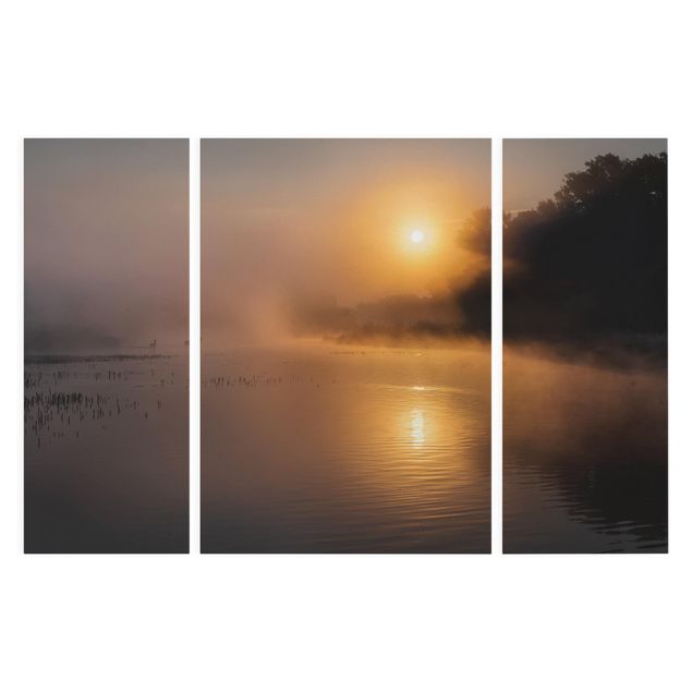 Print on canvas 3 parts - Sunrise on the lake with deers in the fog