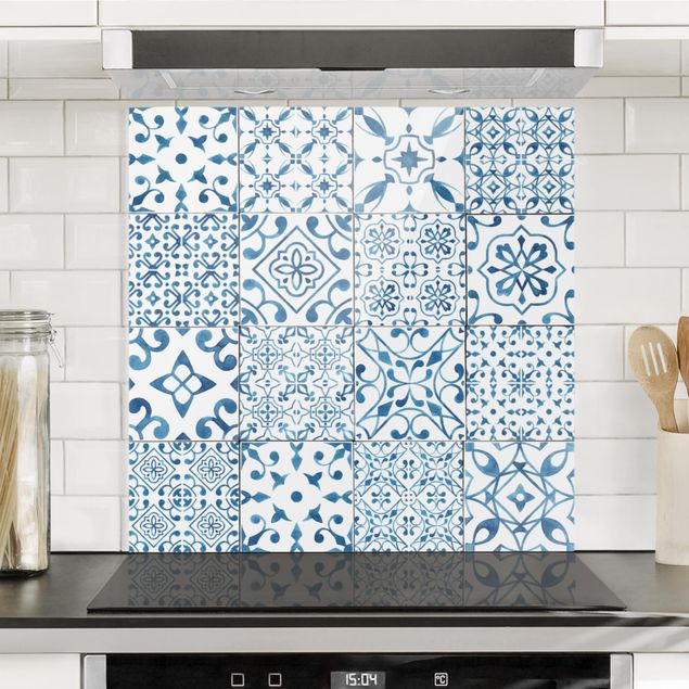 Glass splashback tiles Pattern Tiles Blue White