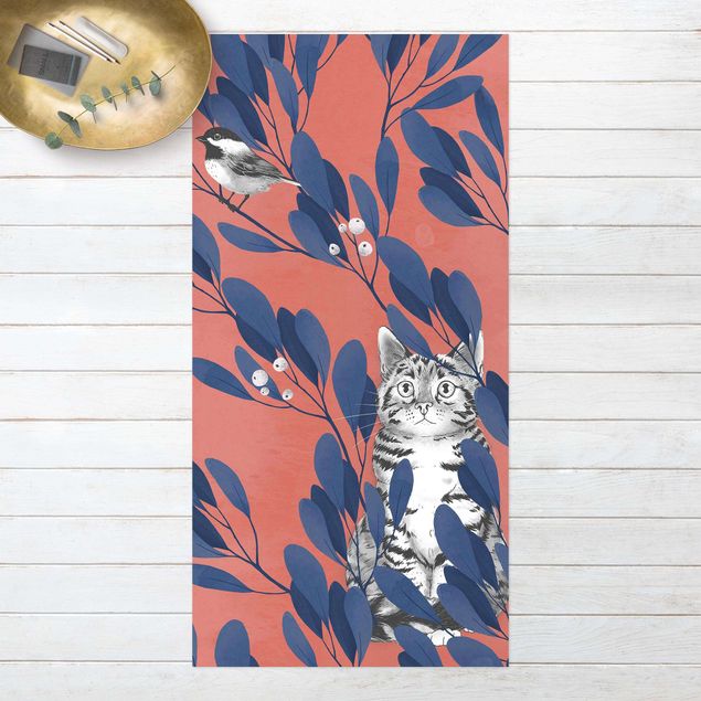 Balcony rugs Illustration Cat and Bird On Branch Blue Red