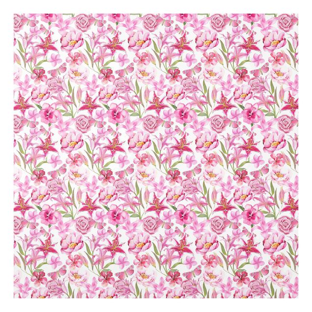 Glass splashback kitchen Pink Flowers With Butterflies