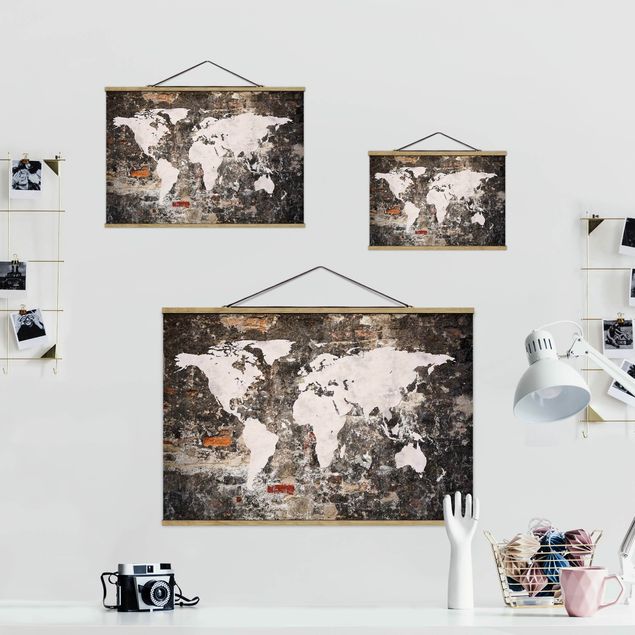 Fabric print with poster hangers - Old Wall World Map