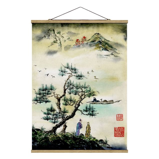 Fabric print with poster hangers - Japanese Watercolour Drawing Pine And Mountain Village