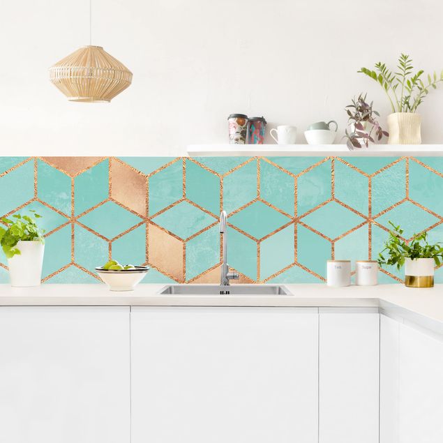 Kitchen splashback abstract Turquoise White Golden Geometry