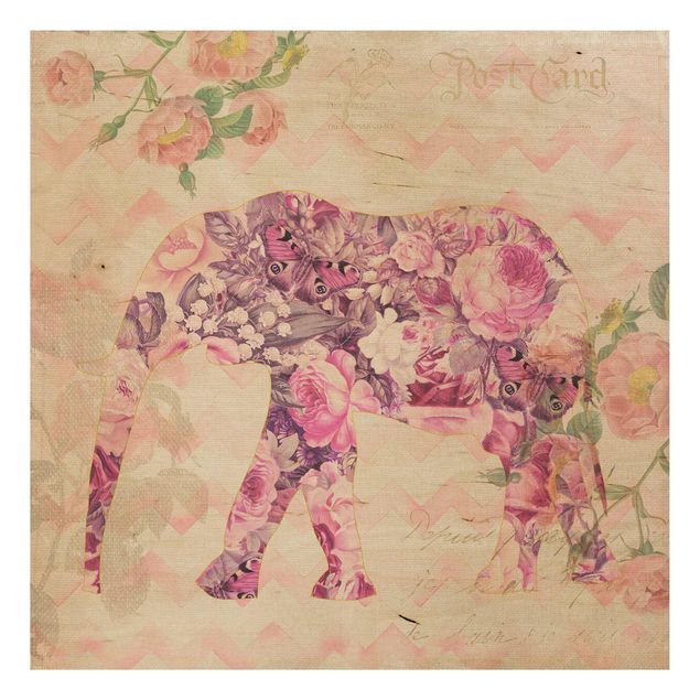 Print on wood - Vintage Collage - Pink Flowers Elephant