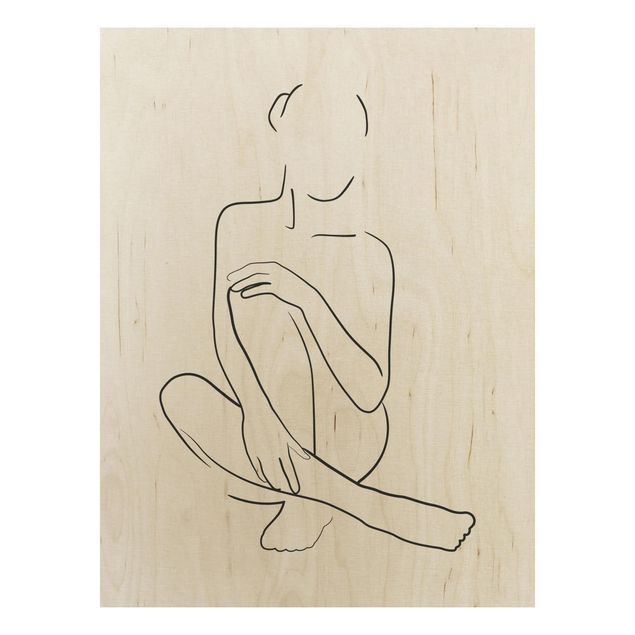 Print on wood - Line Art Woman Sitting Black And White