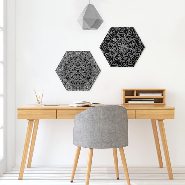 Alu-Dibond hexagon - Mandala Flower Star Pattern Black