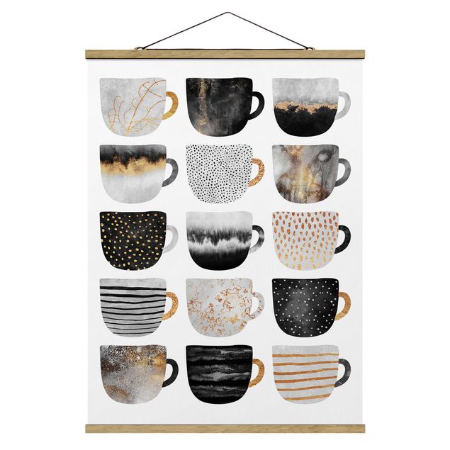 Fabric print with poster hangers - Golden Mugs Black White