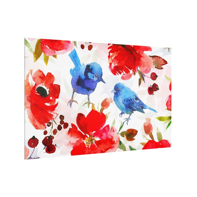 Glass splashback kitchen animals Watercolour Birds In Blue And Pink