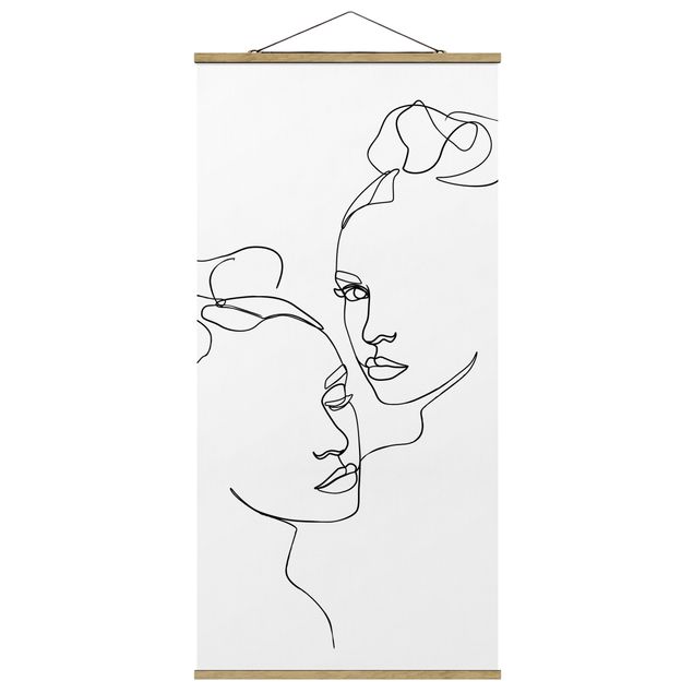 Fabric print with poster hangers - Line Art Faces Women Black And White