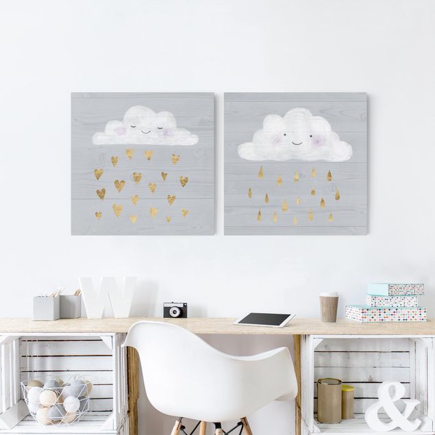 Print on canvas - Clouds With Golden Heart And Drops Set I