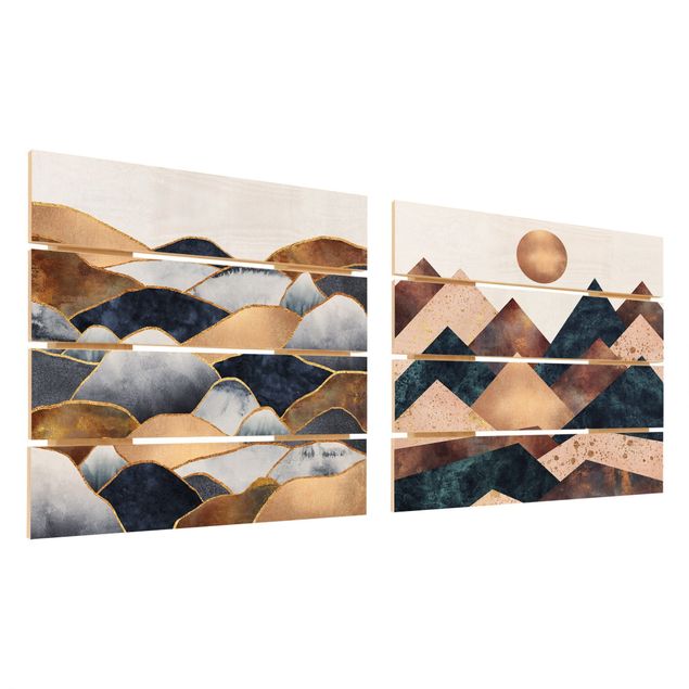 Print on wood - Geometric & Golden Mountains Watercolour