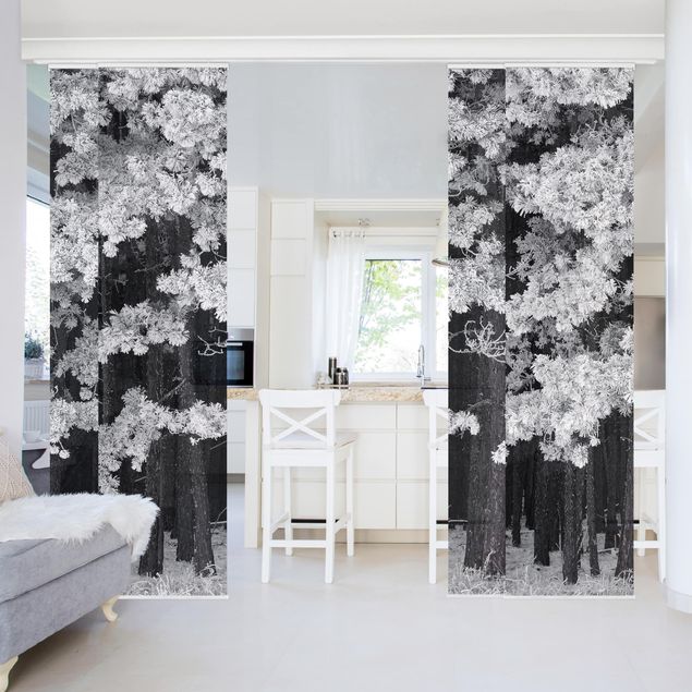 Sliding panel curtains set - Forest With Hoarfrost In Austria