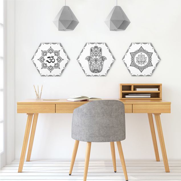 Alu-Dibond hexagon - Hamsa Hand Lotus OM Illustration Set Black And White