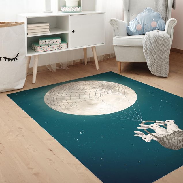 Modern rugs Illustration Rabbits Moon As Hot-Air Balloon Starry Sky