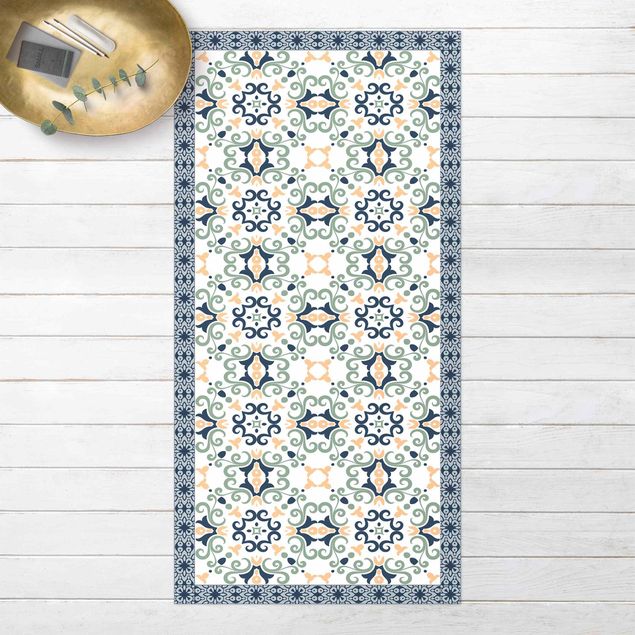 Balcony rugs Floral Tiles Yellowish Blue With Border