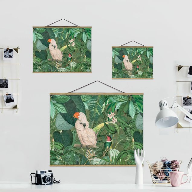 Fabric print with poster hangers - Vintage Collage - Kakadu And Hummingbird