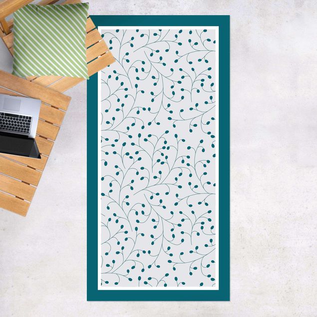 balcony mat Delicate Branch Pattern With Dots In Petrol With Frame