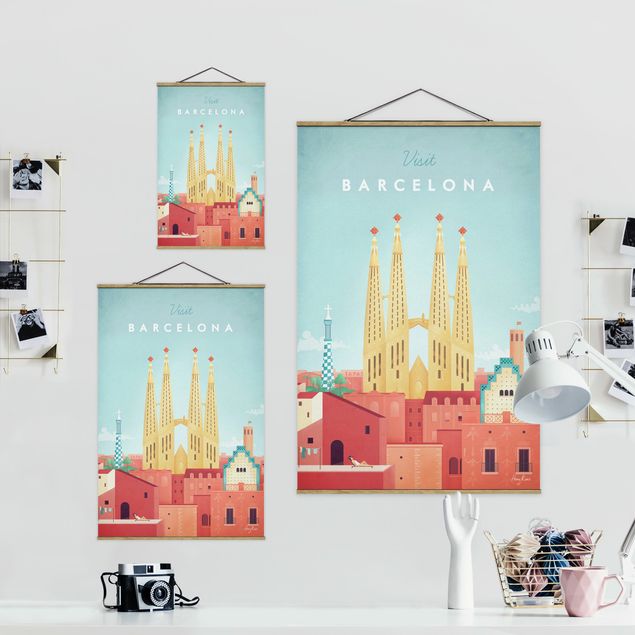Fabric print with poster hangers - Travel Poster - Barcelona