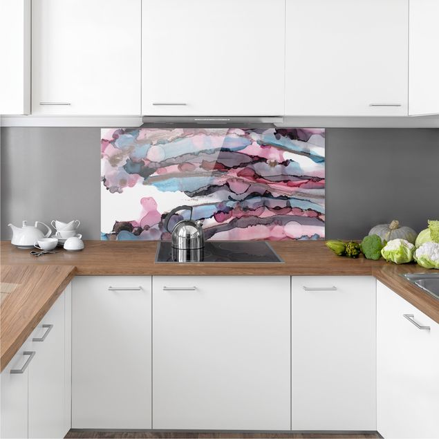 Glass splashback kitchen abstract Surfing Waves In Purple With Pink Gold