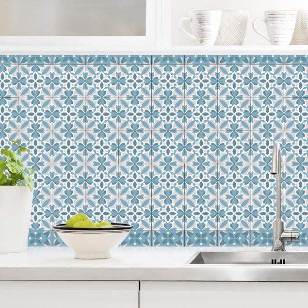 Kitchen splashback patterns Geometrical Tile Mix Blossom Blue Grey