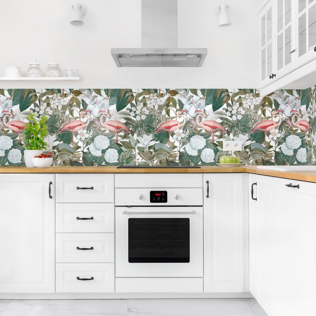 Kitchen splashback animals Pink Flamingos With Leaves And White Flowers II